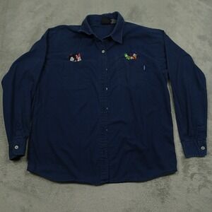 Vintage Disney Shirt Mens Large Blue Mickey Mouse Button Up Long Sleeve